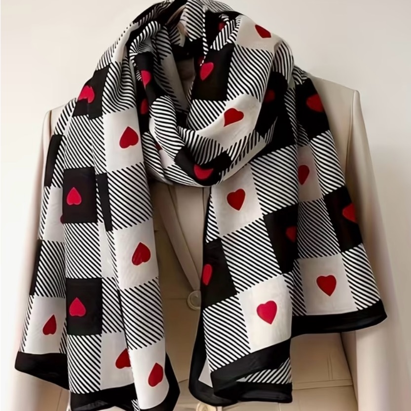 Elegant Black And White Checkered Scarf With Red Hearts